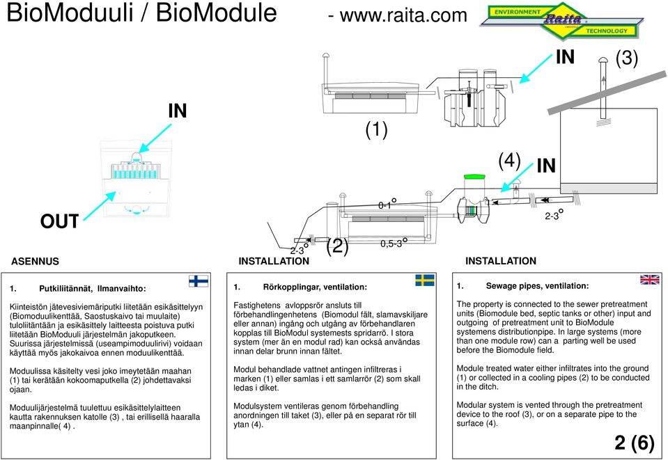 liitetään BioModuuli järjestelmän jakoputkeen. Suurissa järjestelmissä (useampimoduulirivi) voidaan käyttää myös jakokaivoa ennen moduulikenttää.