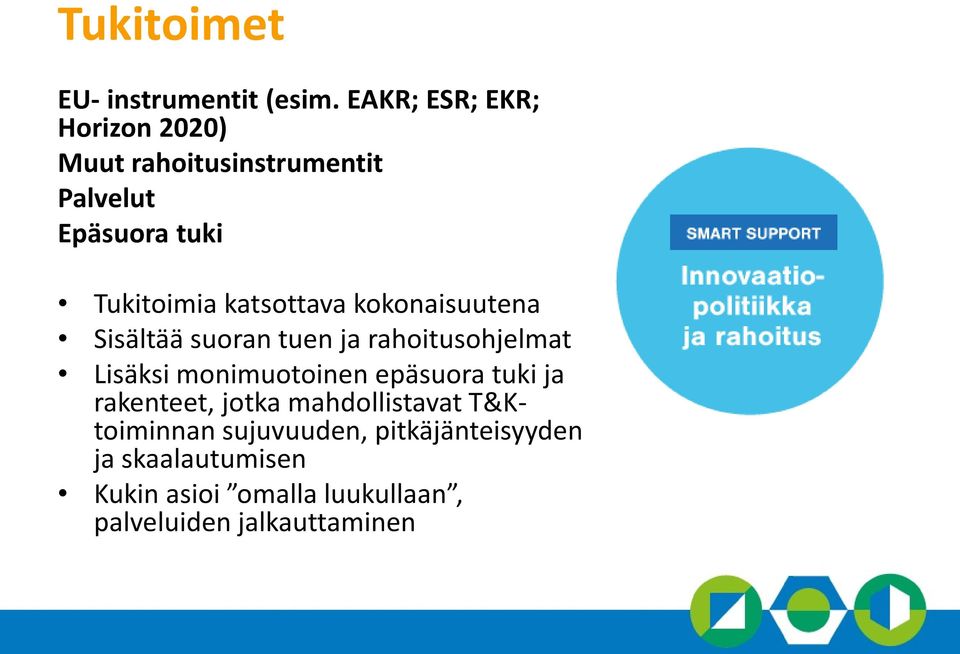 katsottava kokonaisuutena Sisältää suoran tuen ja rahoitusohjelmat Lisäksi monimuotoinen