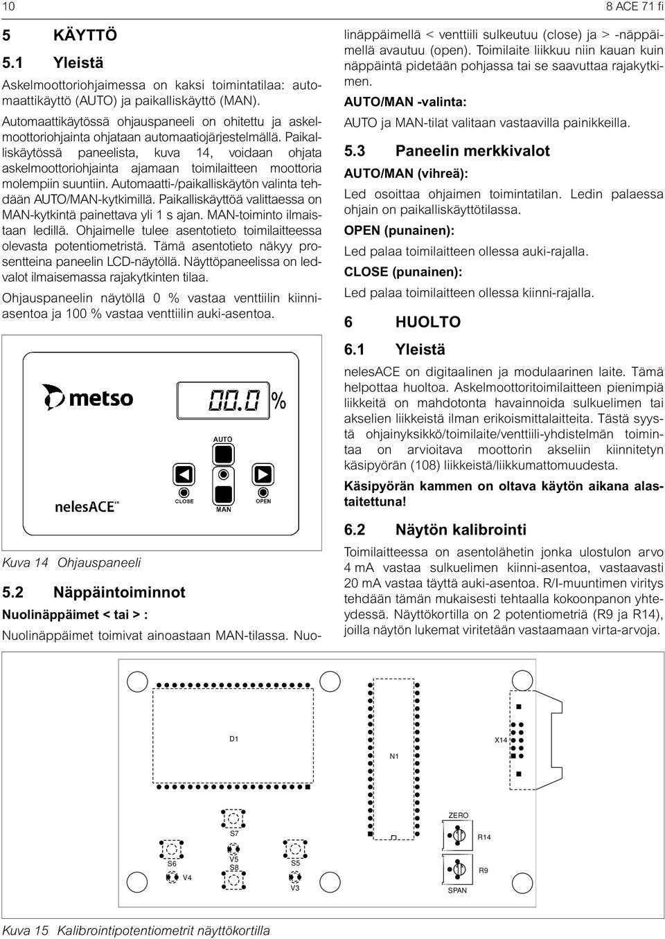 Paikalliskäytössä paneelista, kuva, voidaan ohjata askelmoottoriohjainta ajamaan toimilaitteen moottoria molempiin suuntiin. Automaatti-/paikalliskäytön valinta tehdään AUTO/MAN-kytkimillä.