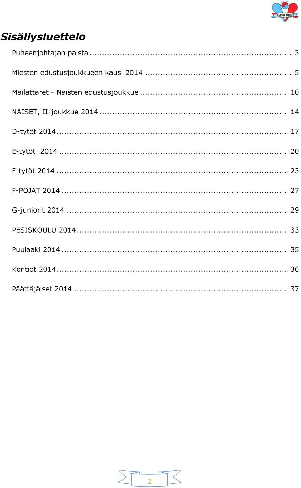 .. 14 D-tytöt 2014... 17 E-tytöt 2014... 20 F-tytöt 2014... 23 F-POJAT 2014.