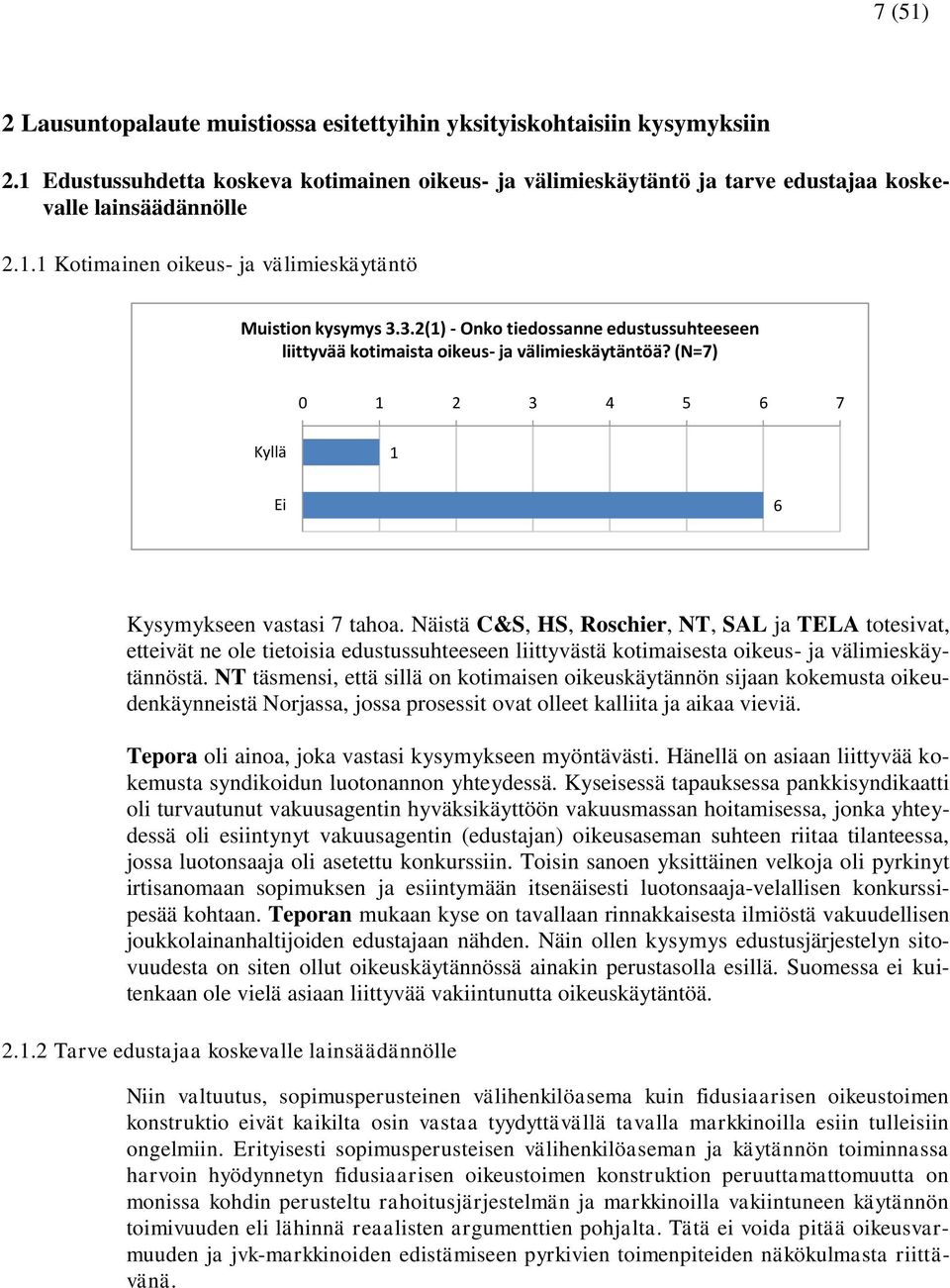 Näistä C&S, HS, Roschier, NT, SAL ja TELA totesivat, etteivät ne ole tietoisia edustussuhteeseen liittyvästä kotimaisesta oikeus- ja välimieskäytännöstä.