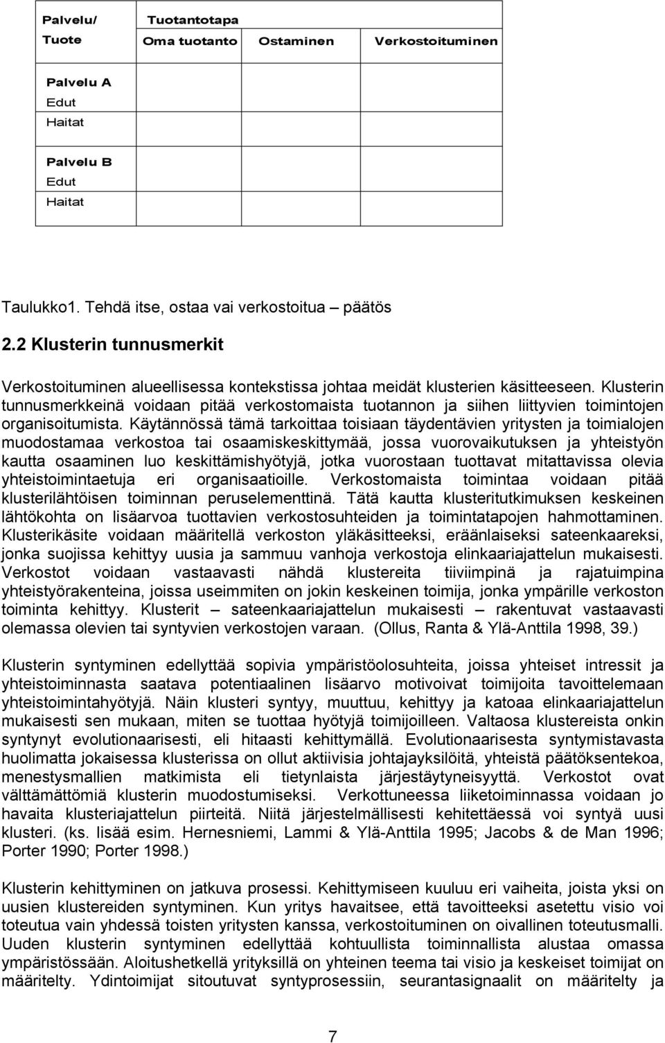 Klusterin tunnusmerkkeinä voidaan pitää verkostomaista tuotannon ja siihen liittyvien toimintojen organisoitumista.