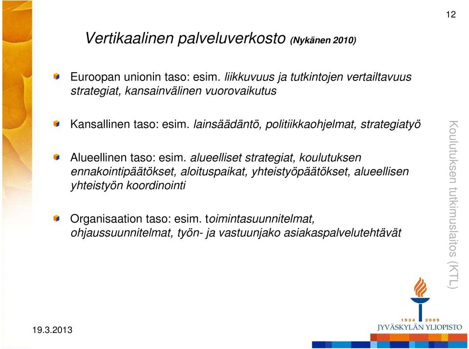 lainsäädäntö, politiikkaohjelmat, strategiatyö Alueellinen taso: esim.