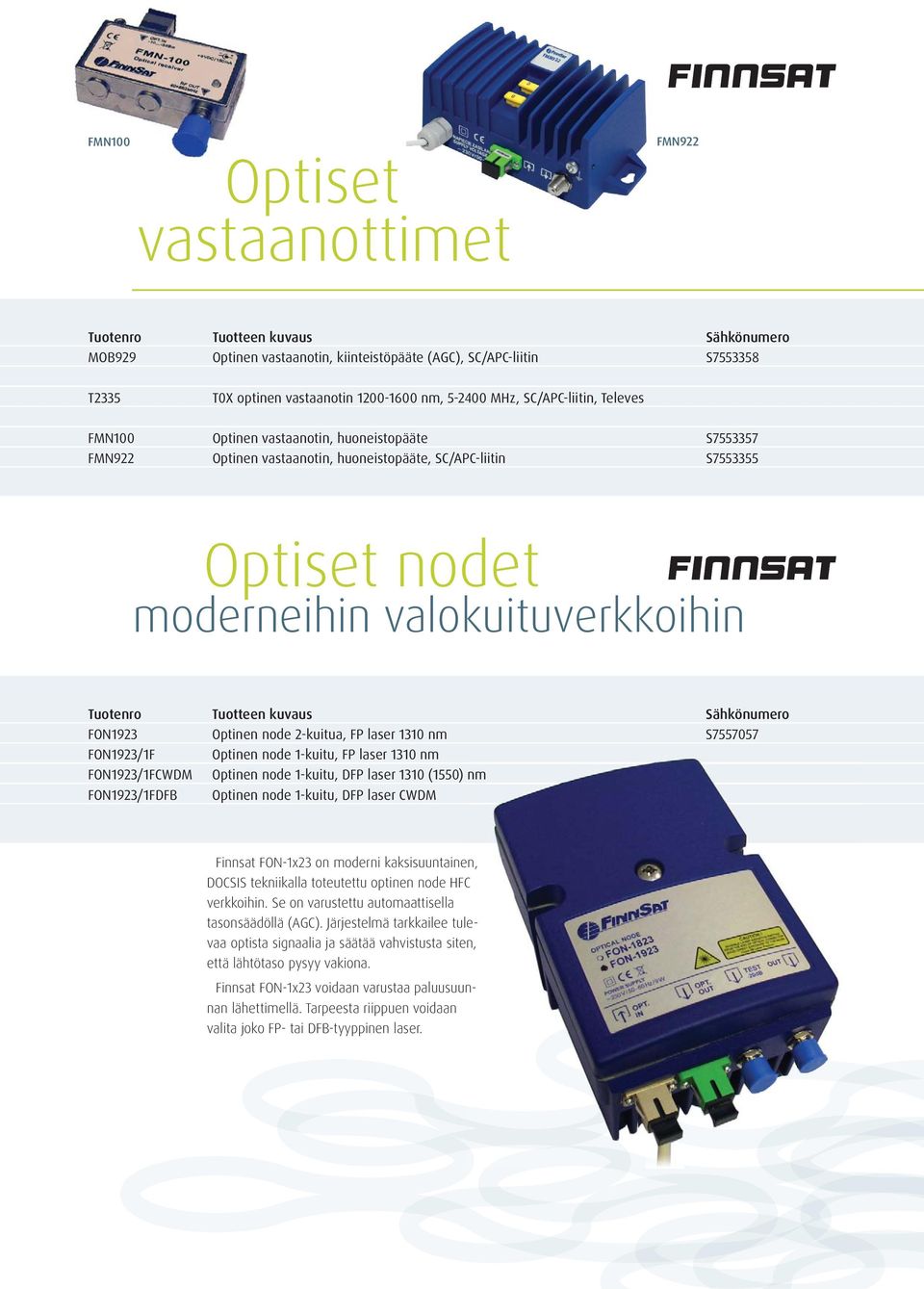 1310 nm S7557057 FON1923/1F Optinen node 1-kuitu, FP laser 1310 nm FON1923/1FCWDM Optinen node 1-kuitu, DFP laser 1310 (1550) nm FON1923/1FDFB Optinen node 1-kuitu, DFP laser CWDM Finnsat FON-1x23 on