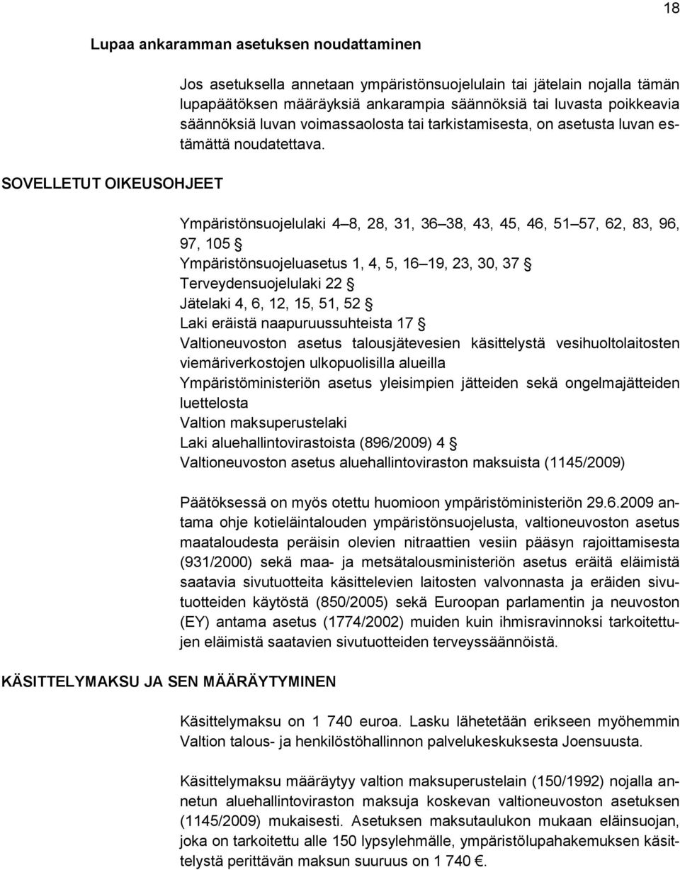 Ympäristönsuojelulaki 4 8, 28, 31, 36 38, 43, 45, 46, 51 57, 62, 83, 96, 97, 105 Ympäristönsuojeluasetus 1, 4, 5, 16 19, 23, 30, 37 Terveydensuojelulaki 22 Jätelaki 4, 6, 12, 15, 51, 52 Laki eräistä