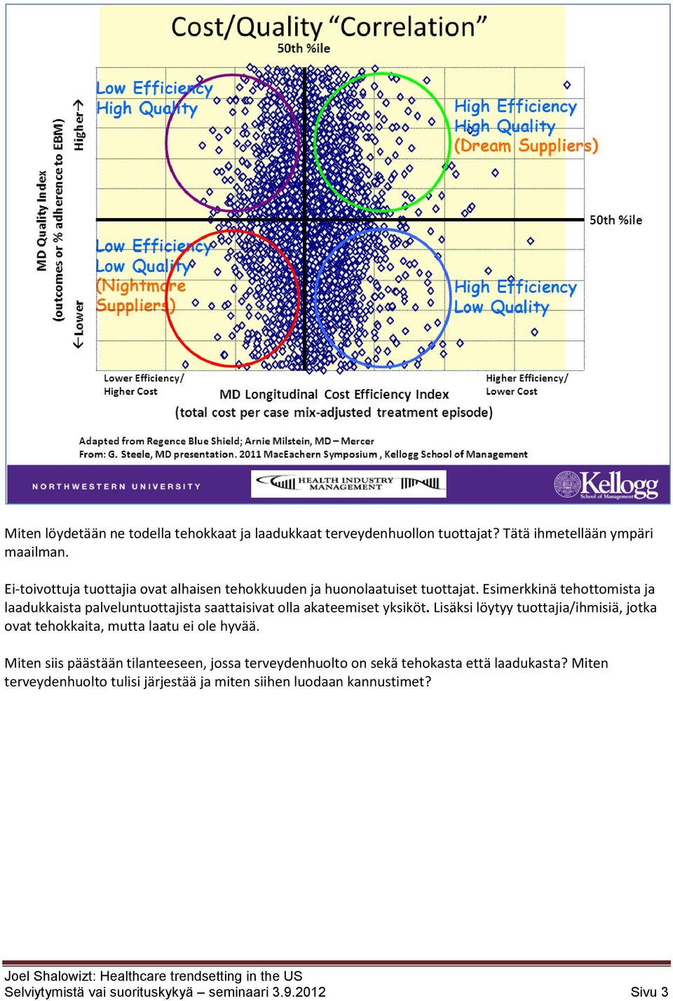 Esimerkkinä tehottomista ja laadukkaista palveluntuottajista saattaisivat olla akateemiset yksiköt.