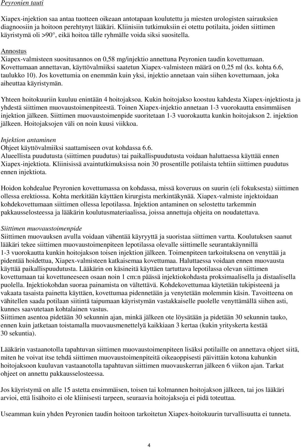 Annostus Xiapex-valmisteen suositusannos on 0,58 mg/injektio annettuna Peyronien taudin kovettumaan. Kovettumaan annettavan, käyttövalmiiksi saatetun Xiapex-valmisteen määrä on 0,25 ml (ks. kohta 6.