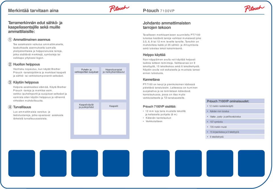 2 Huollon helppous Vianhaku nopeutuu, kun käytät Brother P-touch -tarrakirjoittimia ja merkitset kaapelit ja sähkö- tai verkkokomponentit selkeästi. 3 Käytön helppous Helpota asiakkaidesi elämää.