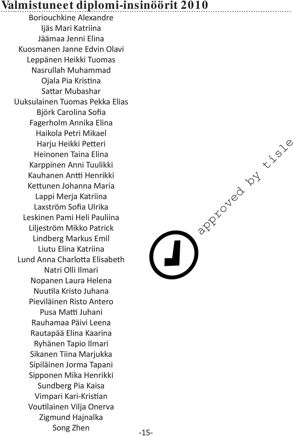 Kettunen Johanna Maria Lappi Merja Katriina Laxström Sofia Ulrika Leskinen Pami Heli Pauliina Liljeström Mikko Patrick Lindberg Markus Emil Liutu Elina Katriina Lund Anna Charlotta Elisabeth Natri