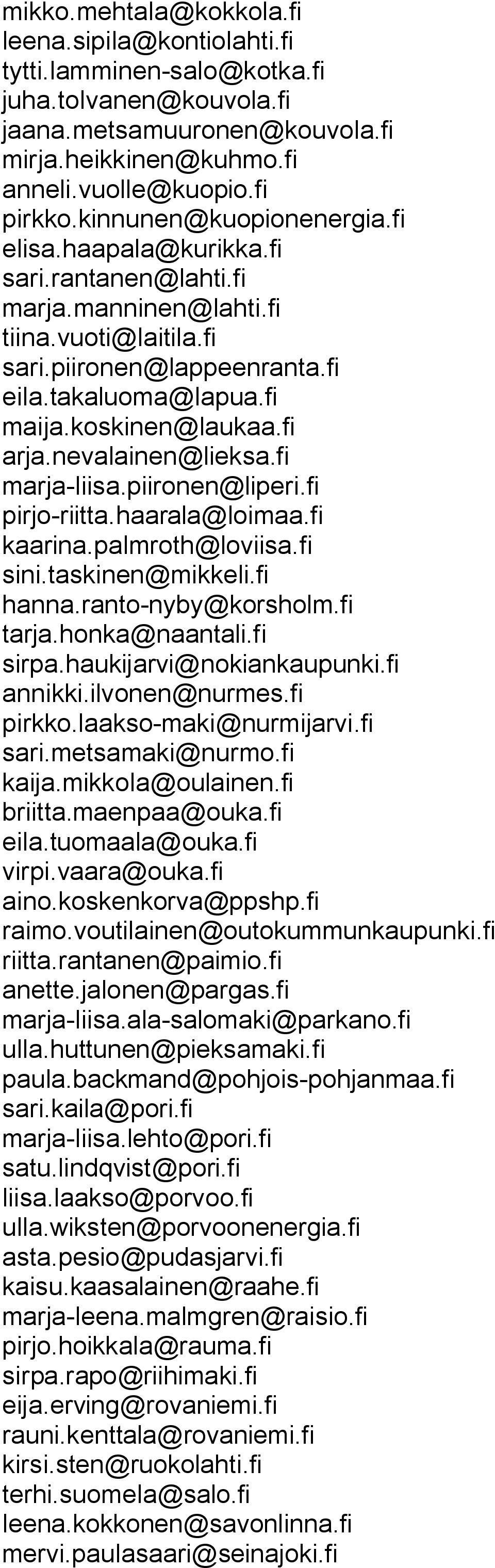 fi arja.nevalainen@lieksa.fi marja liisa.piironen@liperi.fi pirjo riitta.haarala@loimaa.fi kaarina.palmroth@loviisa.fi sini.taskinen@mikkeli.fi hanna.ranto nyby@korsholm.fi tarja.honka@naantali.