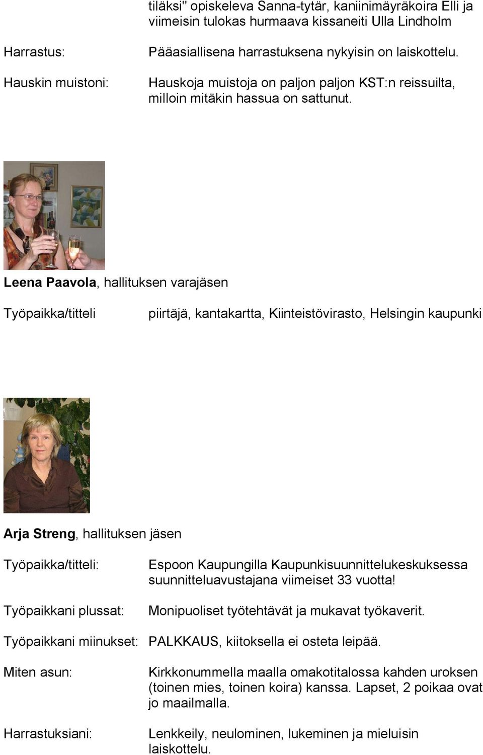 Leena Paavola, hallituksen varajäsen Työpaikka/titteli piirtäjä, kantakartta, Kiinteistövirasto, Helsingin kaupunki Arja Streng, hallituksen jäsen Työpaikka/titteli: Espoon Kaupungilla