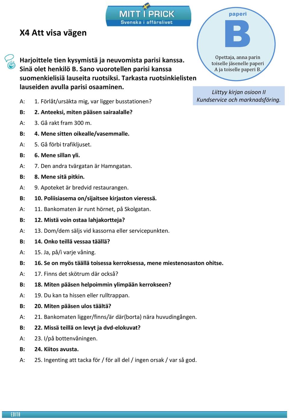 Mene sitten oikealle/vasemmalle. A: 5. Gå förbi trafikljuset. B: 6. Mene sillan yli. A: 7. Den andra tvärgatan är Hamngatan. B: 8. Mene sitä pitkin. A: 9. Apoteket är bredvid restaurangen. B: 10.