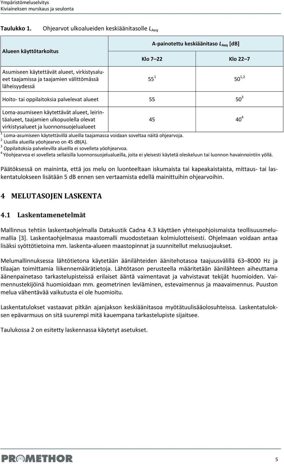 [db] Klo 7 22 Klo 22 7 55 1 50 1,2 Hoito tai oppilaitoksia palvelevat alueet 55 50 3 Loma asumiseen käytettävät alueet, leirintäalueet, taajamien ulkopuolella olevat virkistysalueet ja