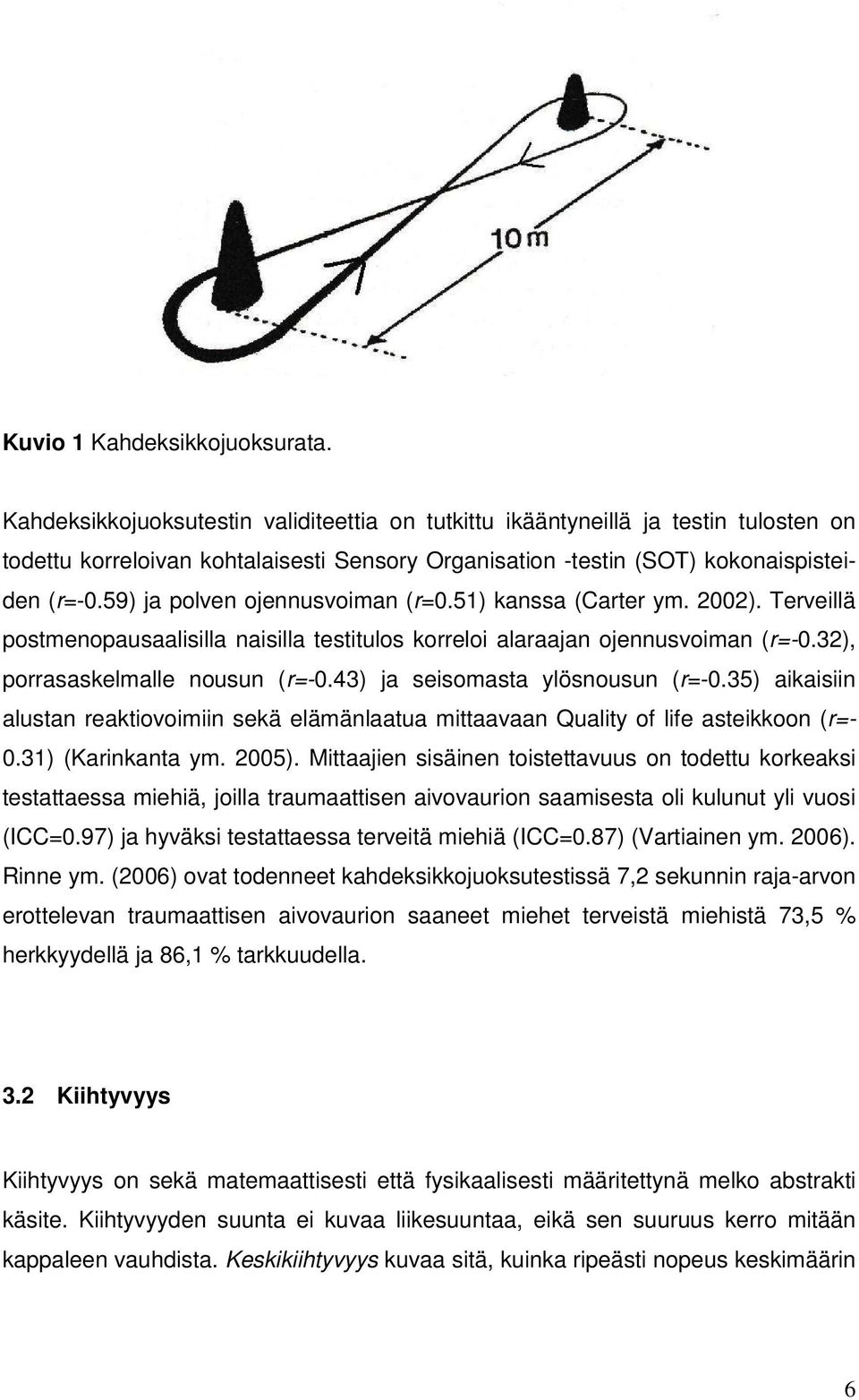 59) ja polven ojennusvoiman (r=0.51) kanssa (Carter ym. 2002). Terveillä postmenopausaalisilla naisilla testitulos korreloi alaraajan ojennusvoiman (r=-0.32), porrasaskelmalle nousun (r=-0.