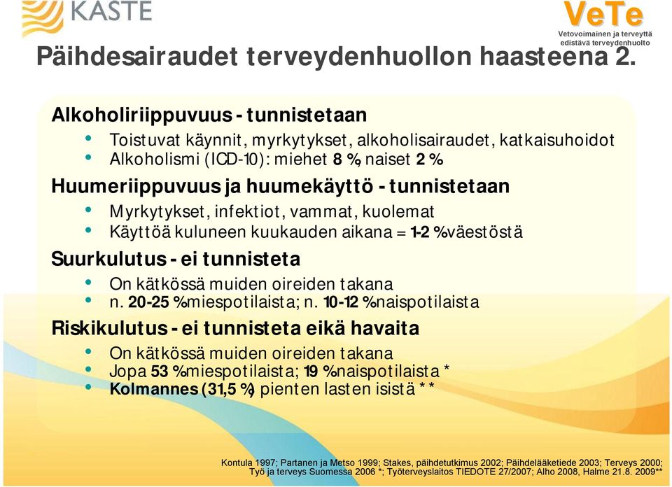 Myrkytykset, infektiot, vammat, kuolemat Käyttöä kuluneen kuukauden aikana = 1-2 % väestöstä Suurkulutus - ei tunnisteta On kätkössä muiden oireiden takana n. 20-25 % miespotilaista; n.