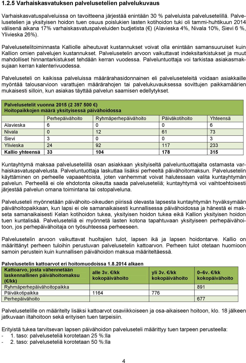 Sievi 6 %, Ylivieska 26%). Palvelusetelitoiminnasta Kalliolle aiheutuvat kustannukset voivat olla enintään samansuuruiset kuin Kallion omien palvelujen kustannukset.