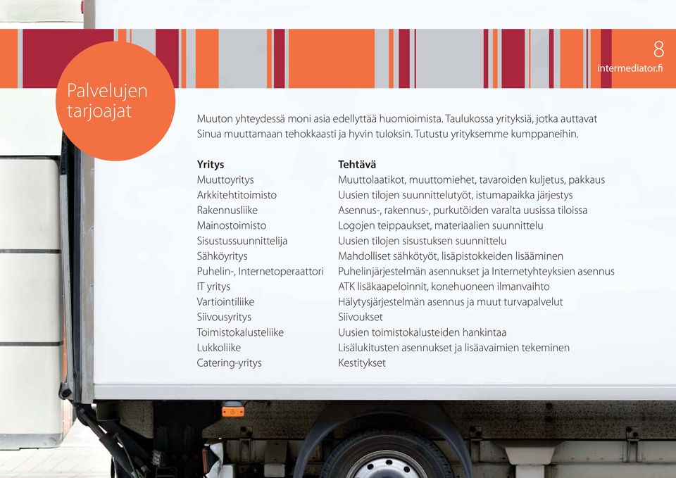 Lukkoliike Catering-yritys Tehtävä Muuttolaatikot, muuttomiehet, tavaroiden kuljetus, pakkaus Uusien tilojen suunnittelutyöt, istumapaikka järjestys Asennus-, rakennus-, purkutöiden varalta uusissa