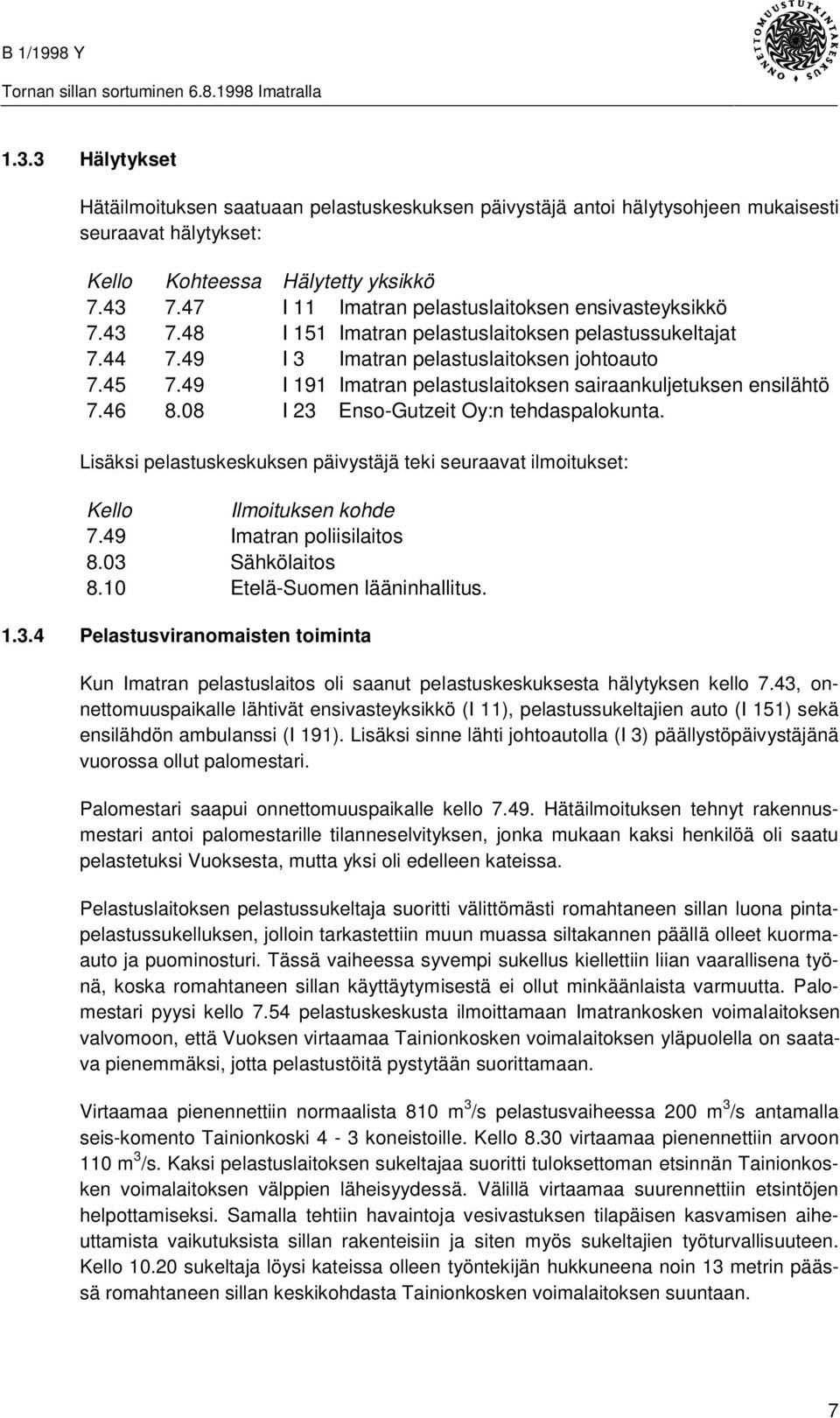 49 I 191 Imatran pelastuslaitoksen sairaankuljetuksen ensilähtö 7.46 8.08 I 23 Enso-Gutzeit Oy:n tehdaspalokunta.