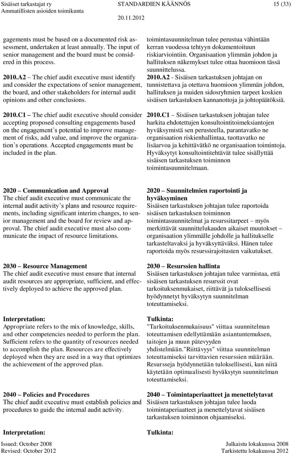 A2 The chief audit executive must identify and consider the expectations of senior management, the board, and other stakeholders for internal audit opinions and other conclusions. 2010.