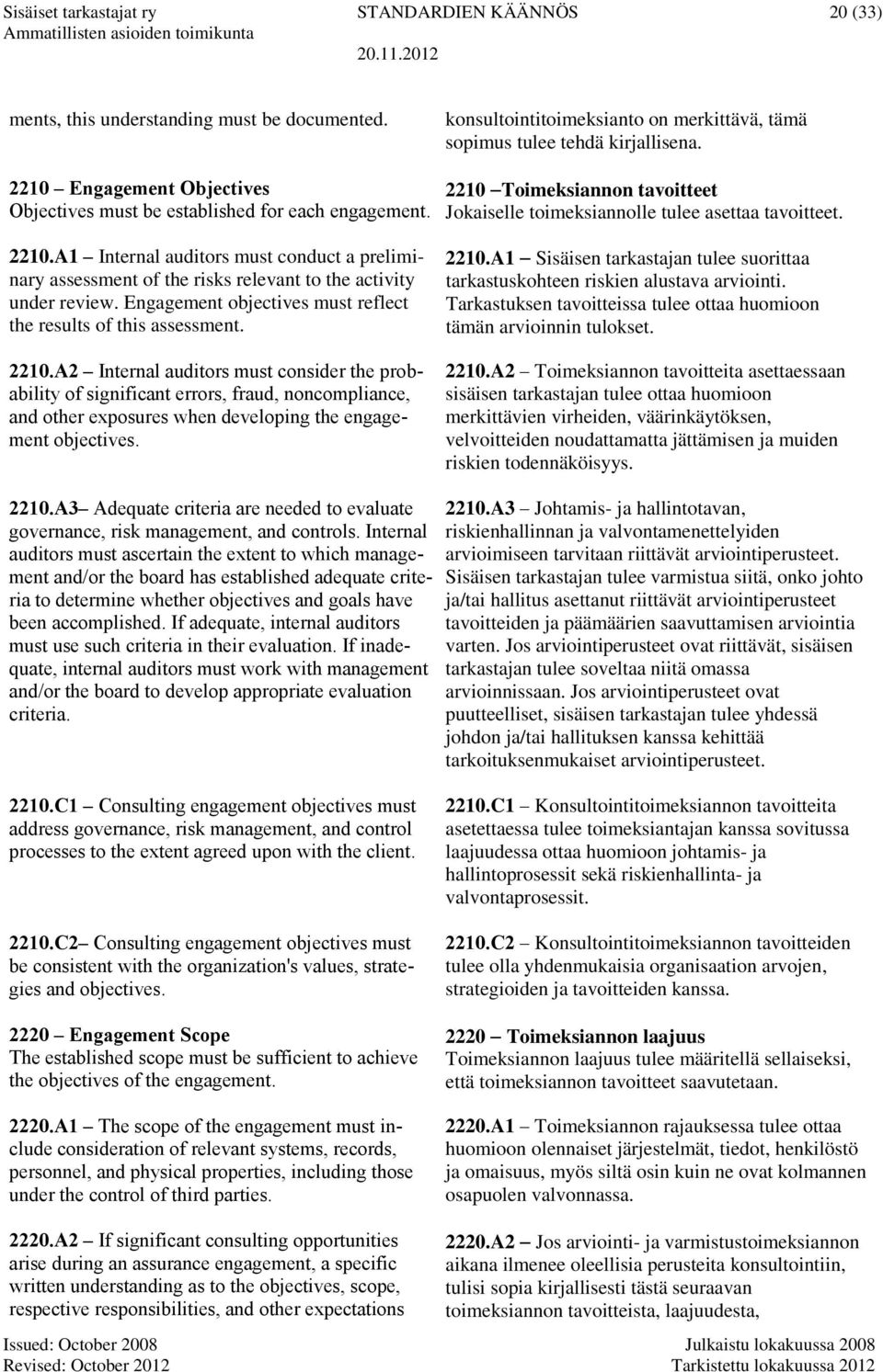 Engagement objectives must reflect the results of this assessment. 2210.