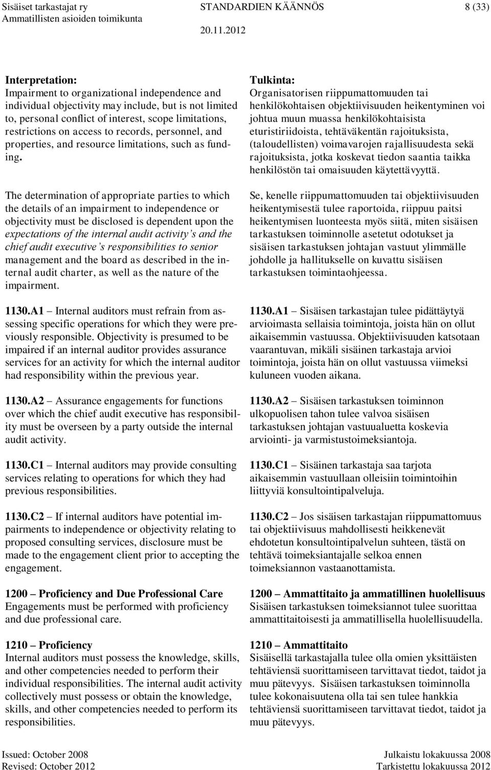 The determination of appropriate parties to which the details of an impairment to independence or objectivity must be disclosed is dependent upon the expectations of the internal audit activity s and