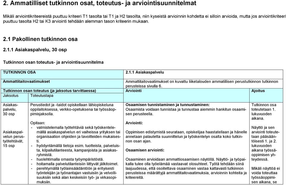 Pakollinen tutkinnon osa 2.1.1 Asiakaspalvelu, 30 osp Tutkinnon osan toteutus- ja arviointisuunnitelma TUTKINNON OSA 2.1.1 Asiakaspalvelu Ammattitaitovaatimukset Ammattitaitovaatimukset on kuvattu liiketalouden ammatillisen perustutkinnon tutkinnon perusteissa sivulla 6.