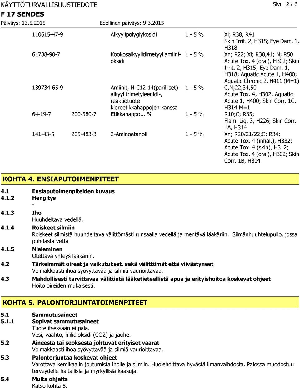 4 (oral), H302; Skin Irrit. 2, H315; Eye Dam. 1, H318; Aquatic Acute 1, H400; Aquatic Chronic 2, H411 (M=1) 1 5 % C,N;22,34,50 Acute Tox. 4, H302; Aquatic Acute 1, H400; Skin Corr.