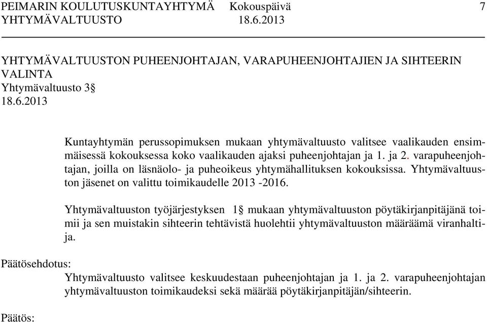 Yhtymävaltuuston jäsenet on valittu toimikaudelle 2013-2016.