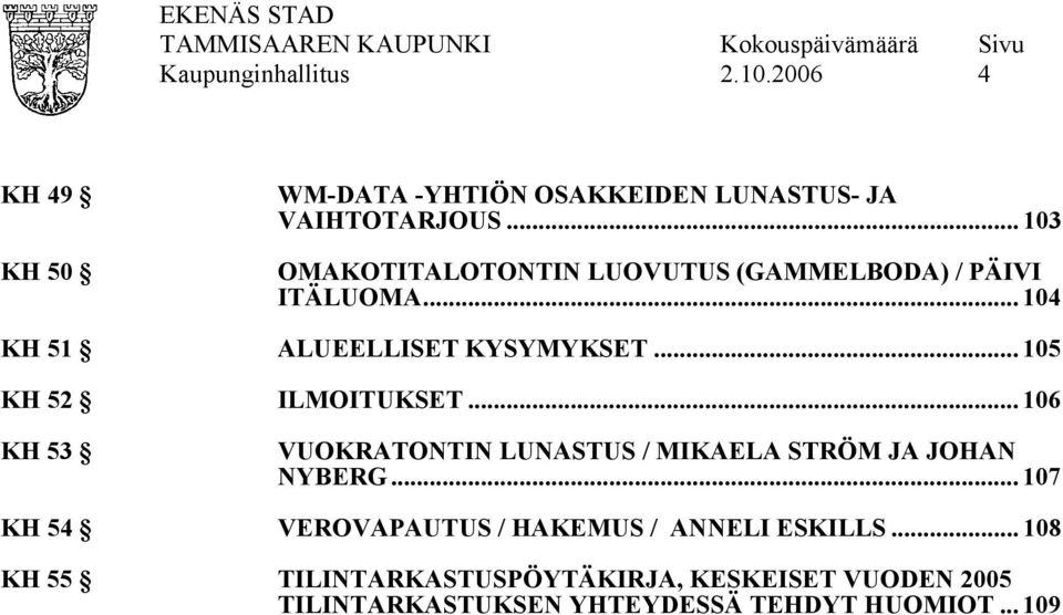 .. 105 KH 52 ILMOITUKSET... 106 KH 53 VUOKRATONTIN LUNASTUS / MIKAELA STRÖM JA JOHAN NYBERG.