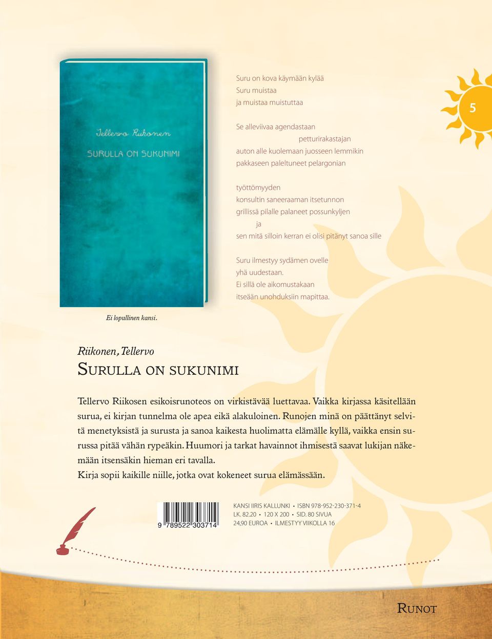 Ei sillä ole aikomustakaan itseään unohduksiin mapittaa. Ei lopullinen kansi. Riikonen, Tellervo SURULLA ON SUKUNIMI Tellervo Riikosen esikoisrunoteos on virkistävää luettavaa.