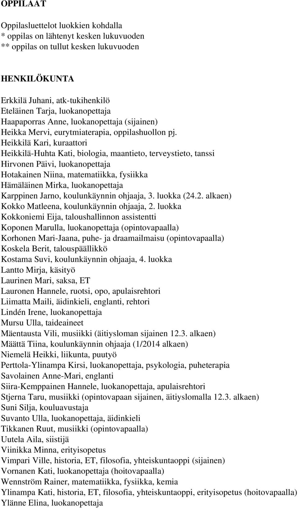 Heikkilä Kari, kuraattori Heikkilä Huhta Kati, biologia, maantieto, terveystieto, tanssi Hirvonen Päivi, luokanopettaja Hotakainen Niina, matematiikka, fysiikka Hämäläinen Mirka, luokanopettaja