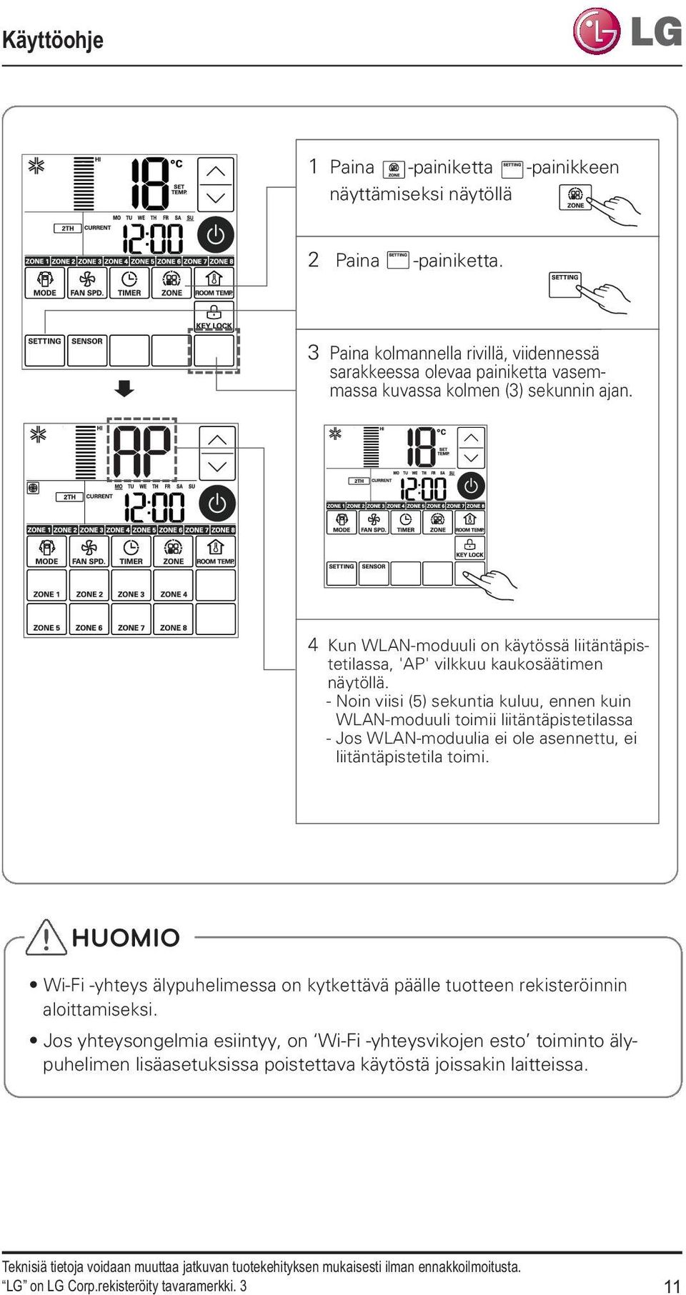 4 Kun WLAN-moduuli on käytössä liitäntäpistetilassa, 'AP' vilkkuu kaukosäätimen näytöllä.