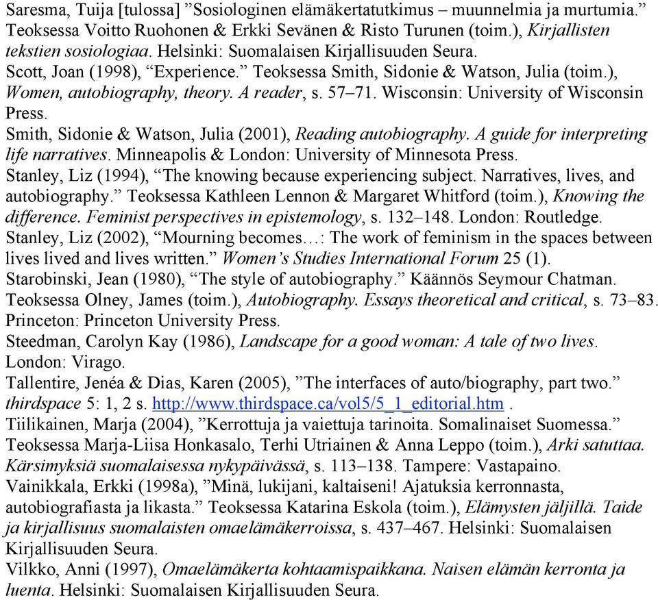 Wisconsin: University of Wisconsin Press. Smith, Sidonie & Watson, Julia (2001), Reading autobiography. A guide for interpreting life narratives. Minneapolis & London: University of Minnesota Press.