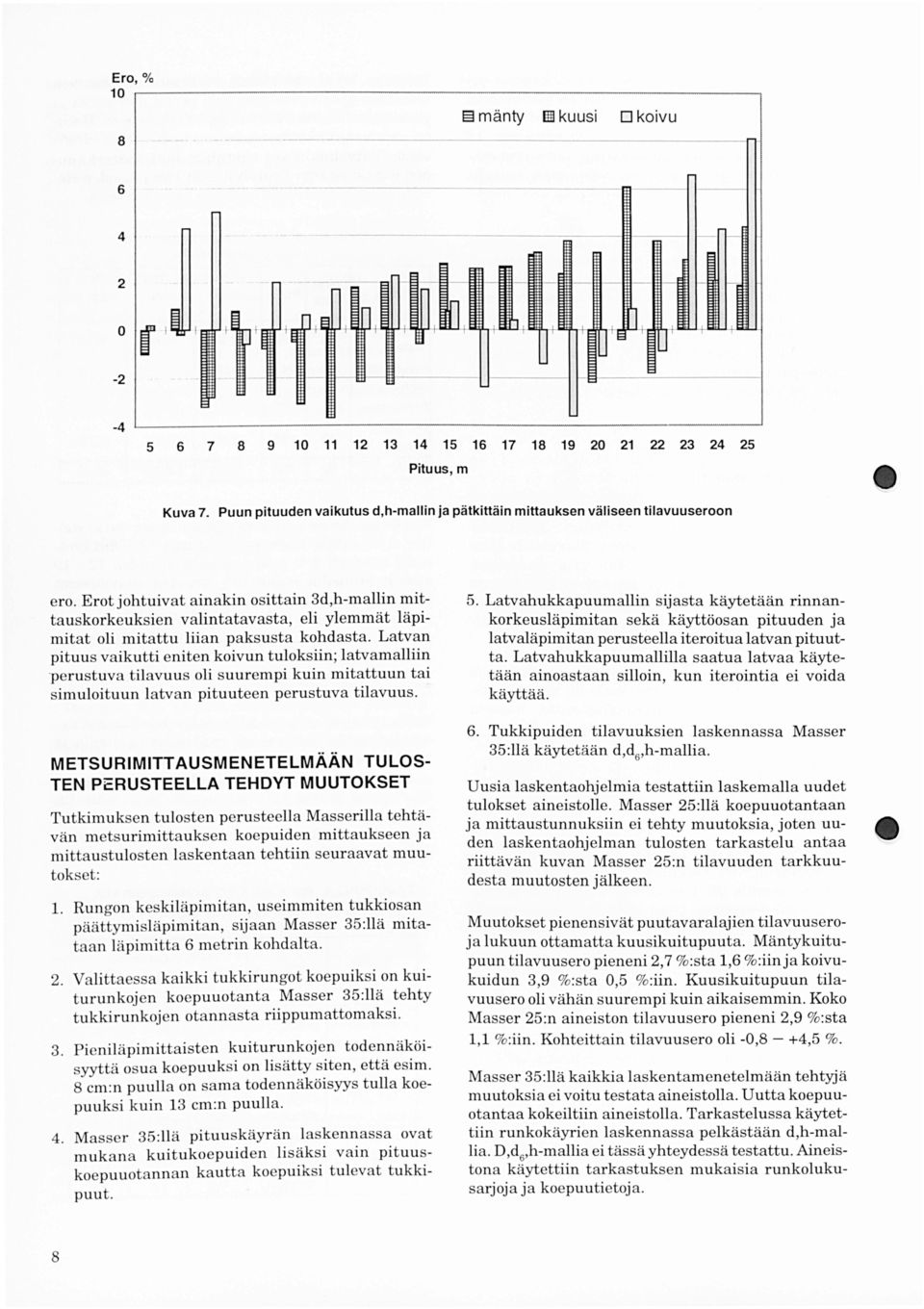 Latvan pituus vaikutti eniten koivun tuloksiin; latvamalliin perustuva tilavuus oli suurempi kuin mitattuun tai simuloituun latvan pituuteen perustuva tilavuus.