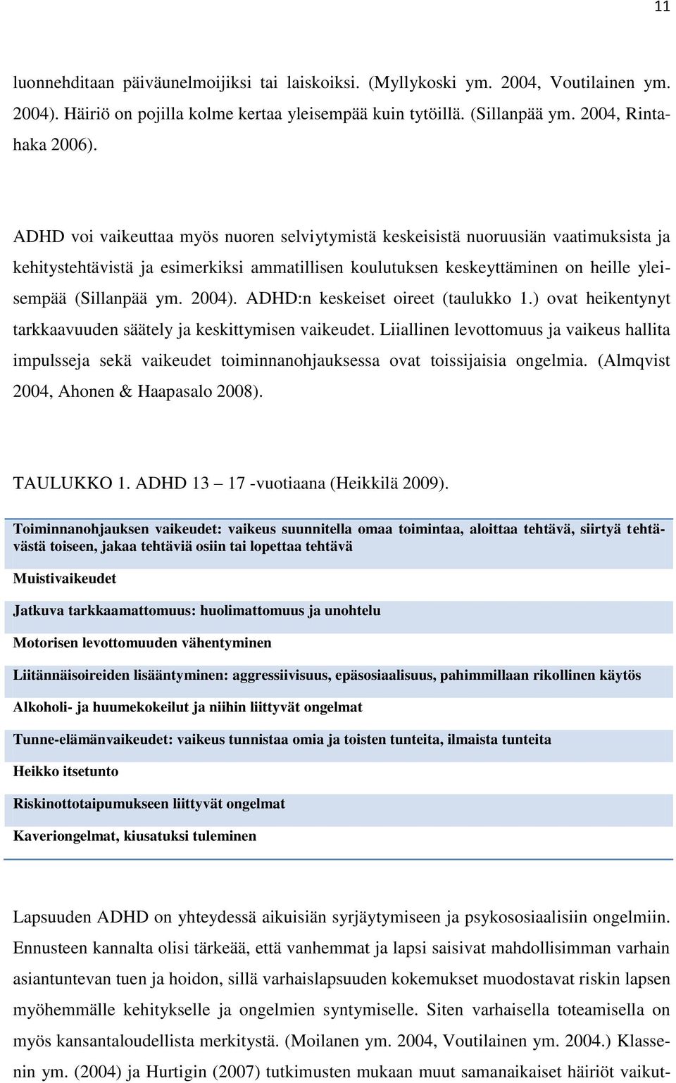 2004). ADHD:n keskeiset oireet (taulukko 1.) ovat heikentynyt tarkkaavuuden säätely ja keskittymisen vaikeudet.