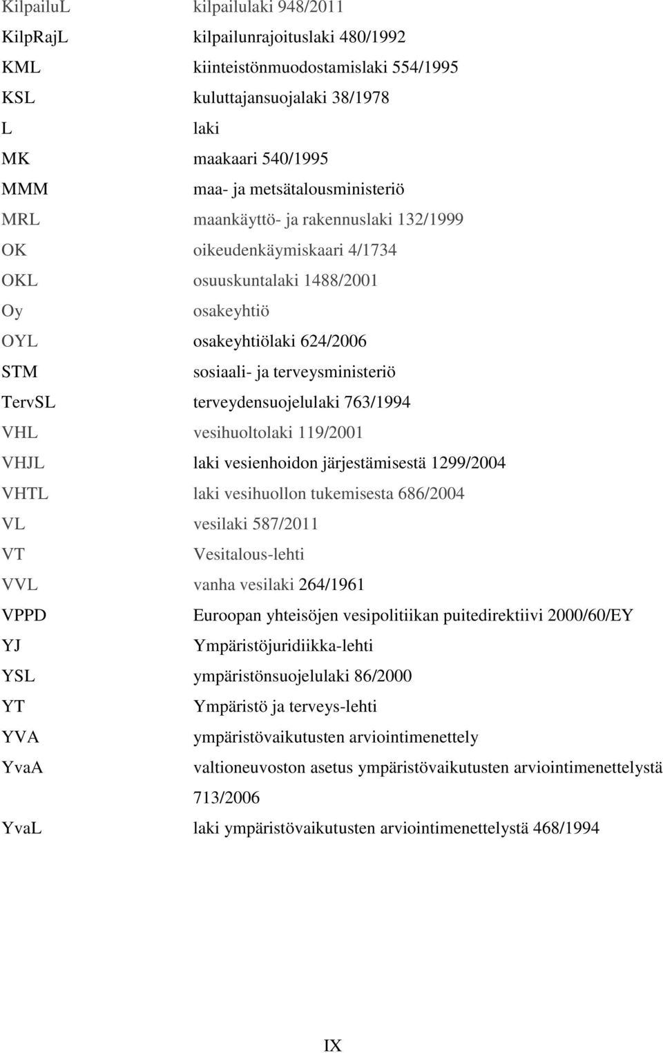 TervSL terveydensuojelulaki 763/1994 VHL vesihuoltolaki 119/2001 VHJL laki vesienhoidon järjestämisestä 1299/2004 VHTL laki vesihuollon tukemisesta 686/2004 VL vesilaki 587/2011 VT Vesitalous-lehti