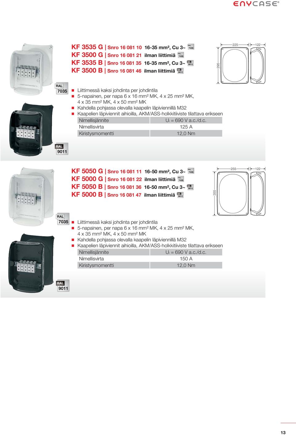 12,0 Nm KF 5050 G Snro 16 081 11 16-50 mm², Cu 3~ KF 5000 G Snro 16 081 22 ilman liittimiä KF 5050 B Snro 16 081 36 16-50 mm², Cu 3~ KF 5000 B Snro 16 081 47 ilman