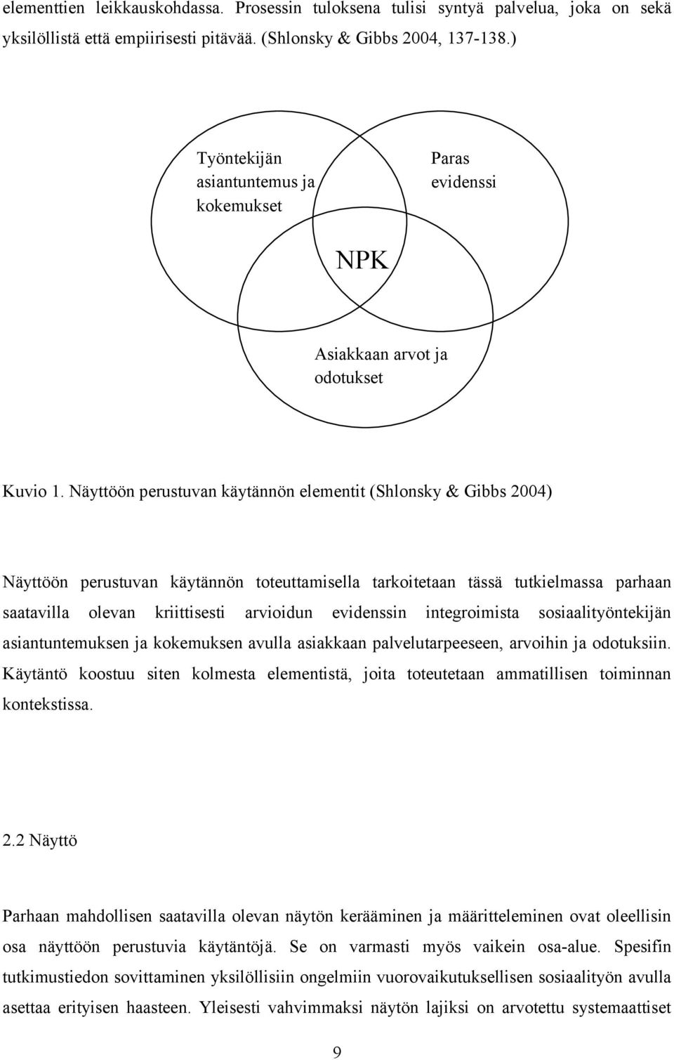 Näyttöön perustuvan käytännön elementit (Shlonsky & Gibbs 2004) Näyttöön perustuvan käytännön toteuttamisella tarkoitetaan tässä tutkielmassa parhaan saatavilla olevan kriittisesti arvioidun