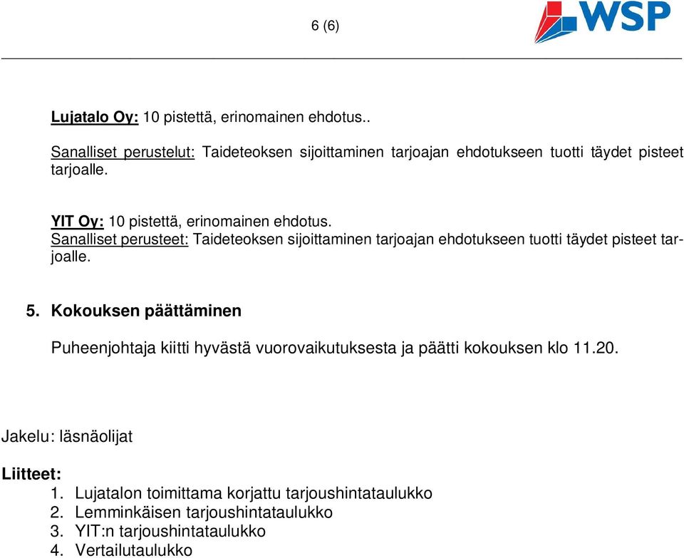 YIT Oy: 10 pistettä, erinomainen ehdotus. Sanalliset perusteet: Taideteoksen sijoittaminen tarjoajan ehdotukseen tuotti täydet pisteet tarjoalle.