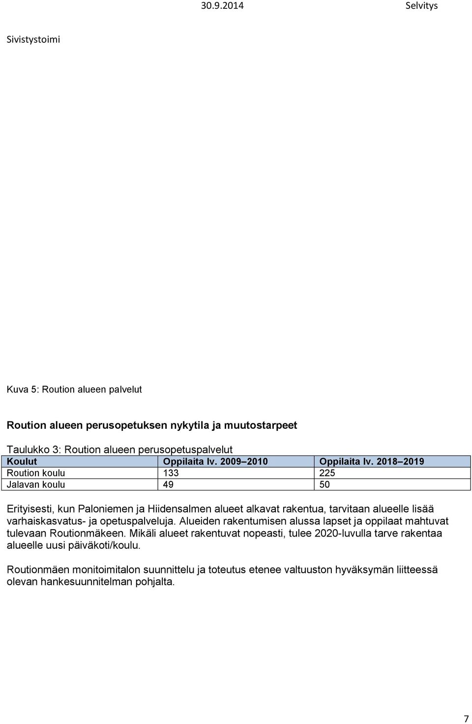 2018 2019 Roution koulu 133 225 Jalavan koulu 49 50 Erityisesti, kun Paloniemen ja Hiidensalmen alueet alkavat rakentua, tarvitaan alueelle lisää varhaiskasvatus- ja