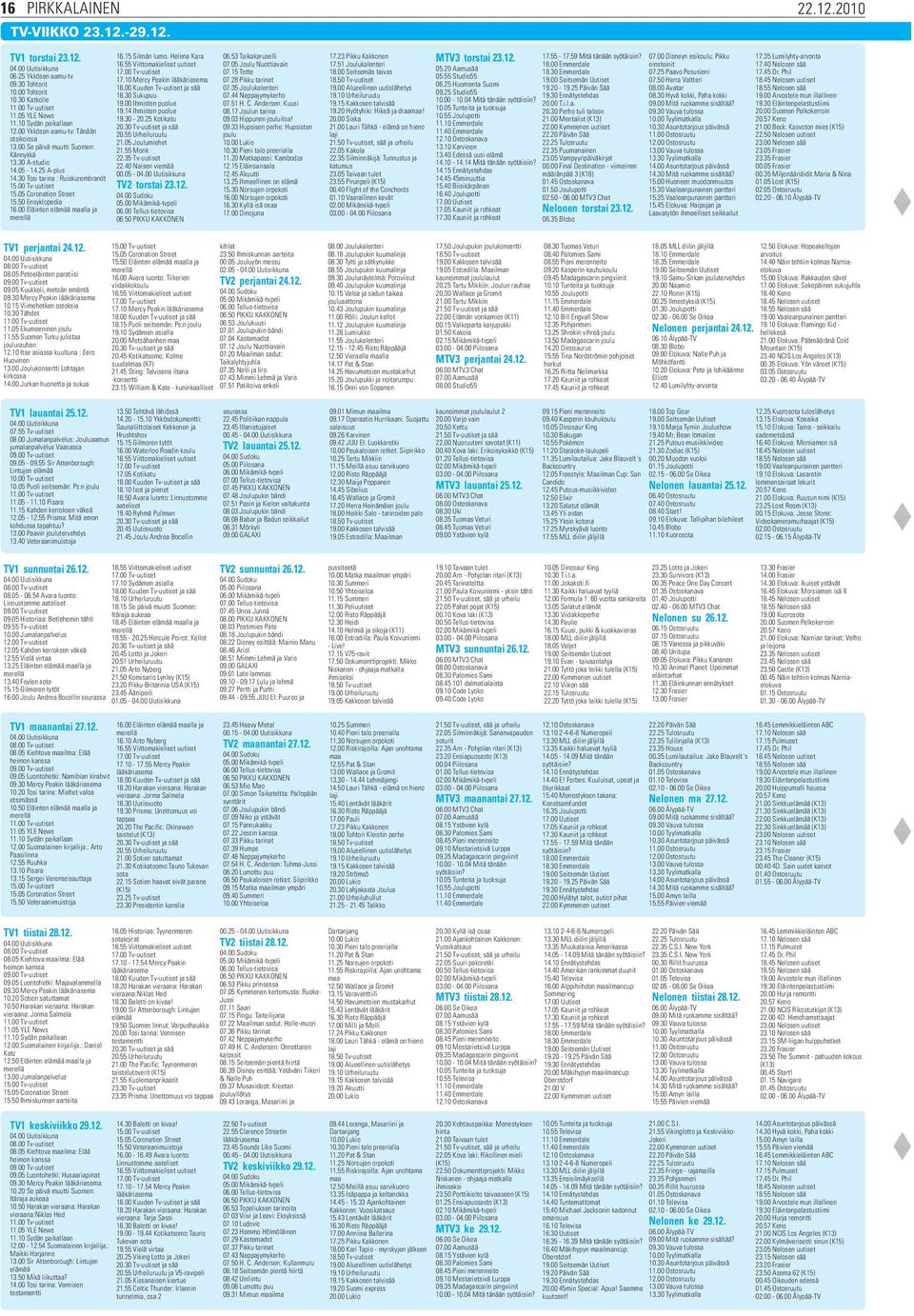 05 Coronation Street 15.50 Ensyklopedia 16.00 Eläinten elämää maalla ja merellä 16.15 Silmän lumo. Helena Kara 16.55 Viittomakieliset uutiset 17.00 Tv-uutiset 17.10 Mercy Peakin lääkäriasema 18.