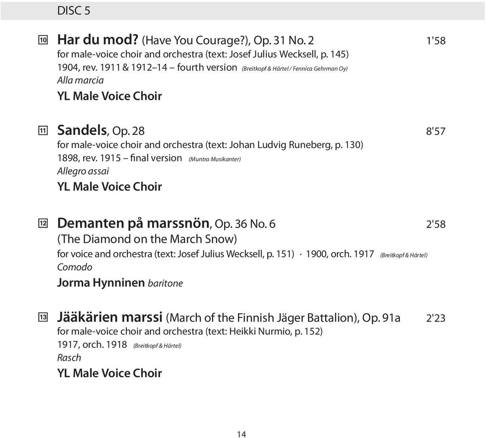 130) 1898, rev. 1915 final version (Muntra Musikanter) Allegro assai YL Male Voice Choir 12 13 Demanten på marssnön, Op. 36 No.