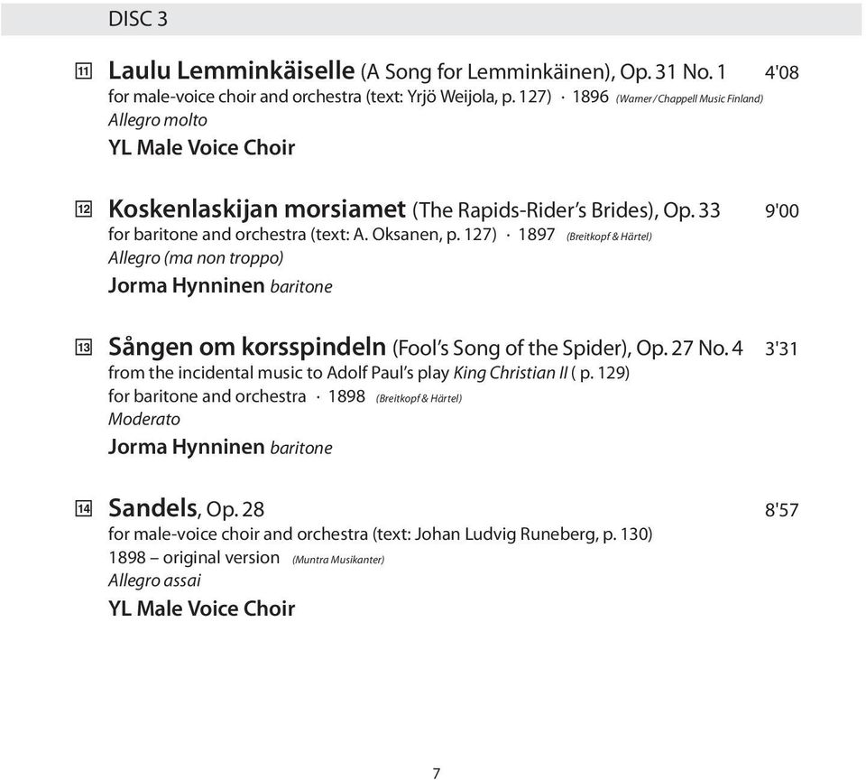 127) 1897 (Breitkopf & Härtel) Allegro (ma non troppo) Jorma Hynninen baritone Sången om korsspindeln (Fool s Song of the Spider), Op. 27 No.