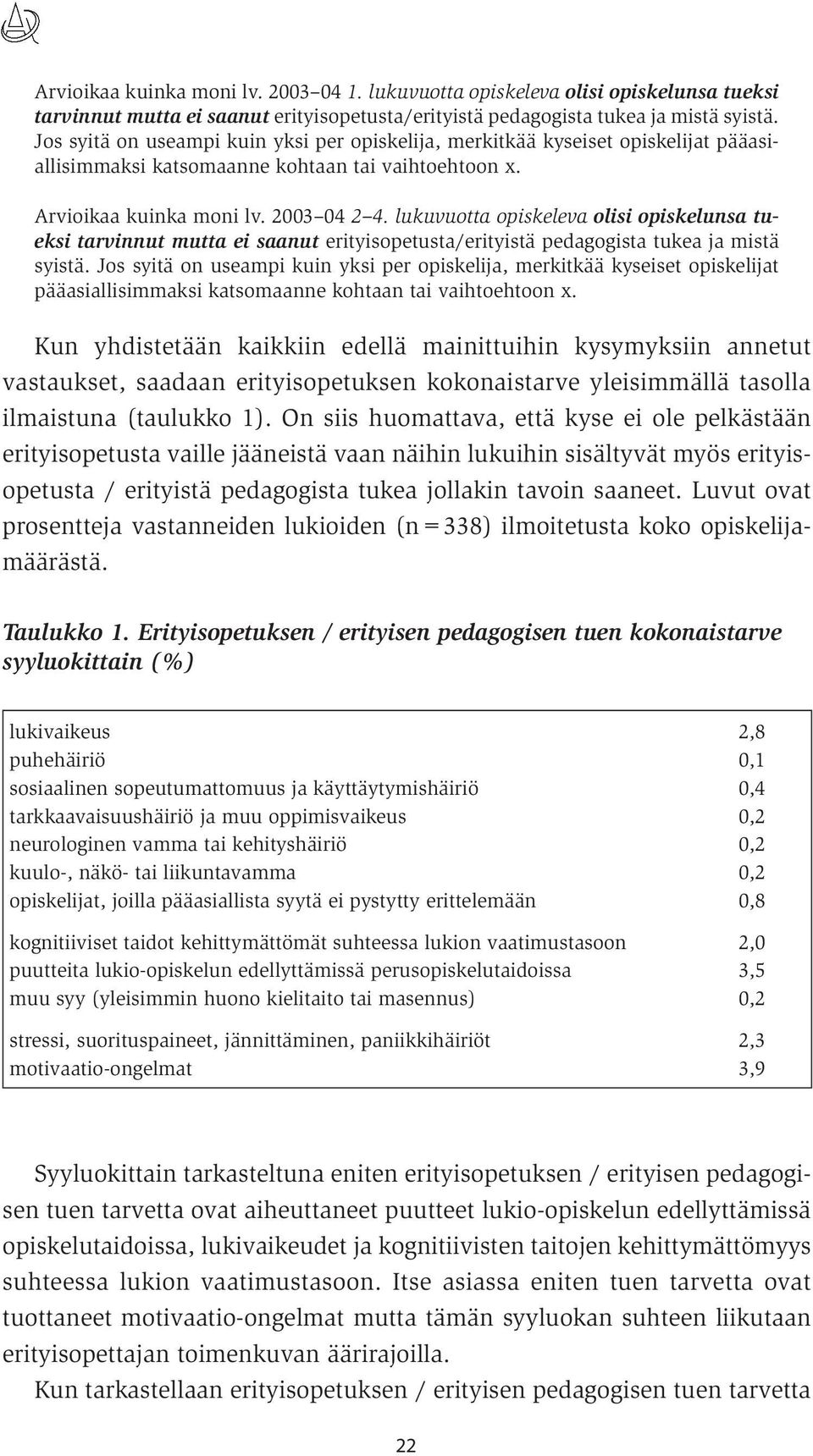 lukuvuotta opiskeleva olisi opiskelunsa tueksi tarvinnut mutta ei saanut erityisopetusta/erityistä pedagogista tukea ja mistä syistä.