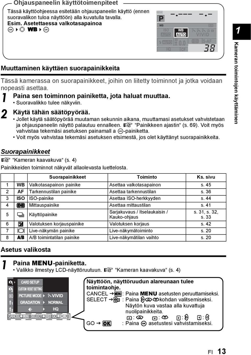 Paina sen toiminnon painiketta, jota haluat muuttaa. 1 Suoravalikko tulee näkyviin. Käytä tähän säätöpyörää.