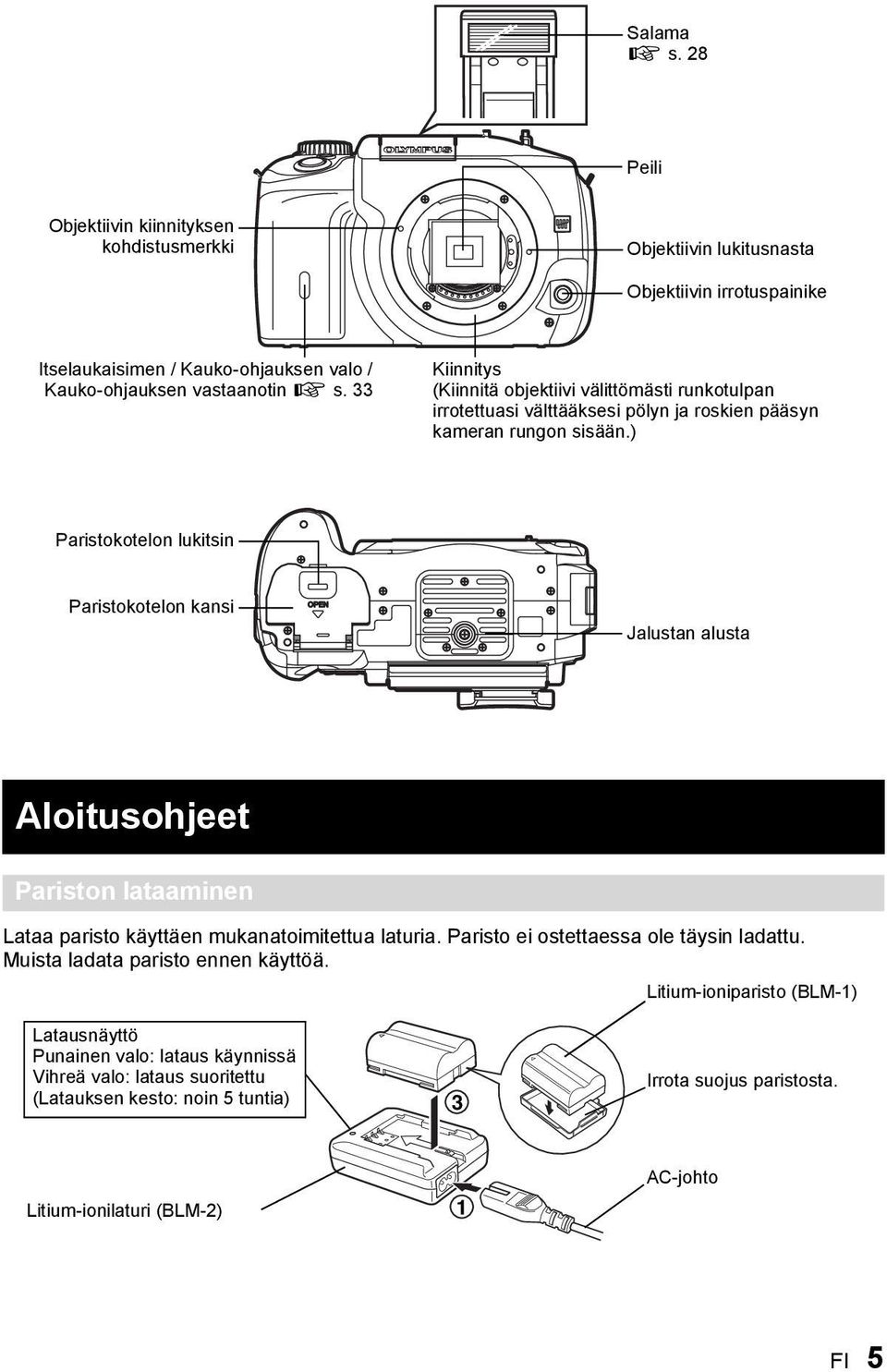 ) Paristokotelon lukitsin Paristokotelon kansi Jalustan alusta Aloitusohjeet Pariston lataaminen Lataa paristo käyttäen mukanatoimitettua laturia.