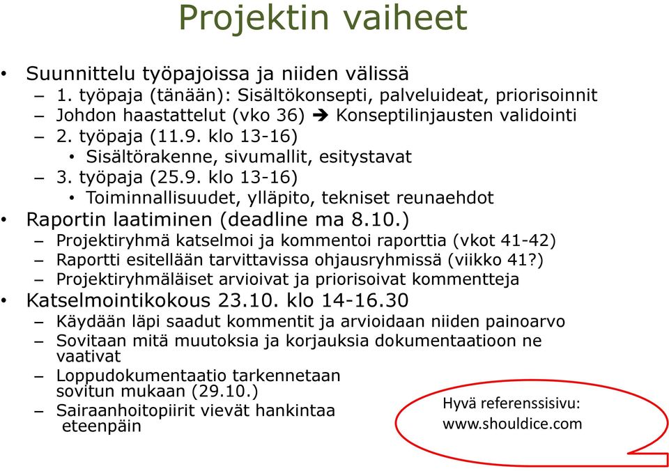 ) Projektiryhmä katselmoi ja kommentoi raporttia (vkot 41-42) Raportti esitellään tarvittavissa ohjausryhmissä (viikko 41?