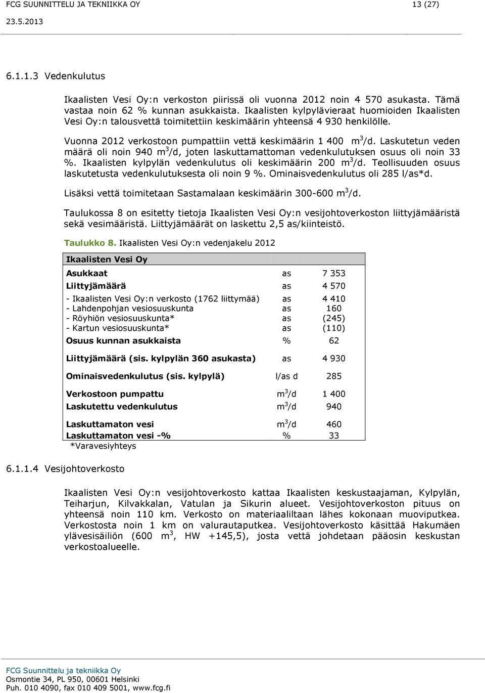 Laskutetun veden määrä oli noin 940 m 3 /d, joten laskuttamattoman vedenkulutuksen osuus oli noin 33 %. Ikaalisten kylpylän vedenkulutus oli keskimäärin 200 m 3 /d.