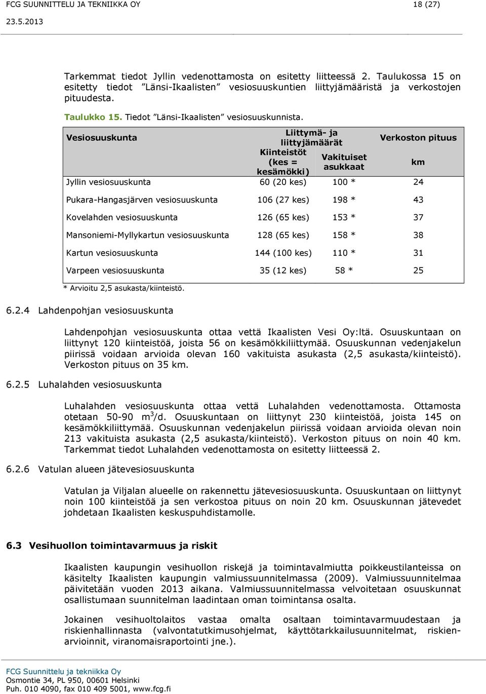 Vesiosuuskunta Liittymä- ja liittyjämäärät Kiinteistöt (kes = kesämökki) Vakituiset asukkaat Verkoston pituus Jyllin vesiosuuskunta 60 (20 kes) 100 * 24 Pukara-Hangasjärven vesiosuuskunta 106 (27