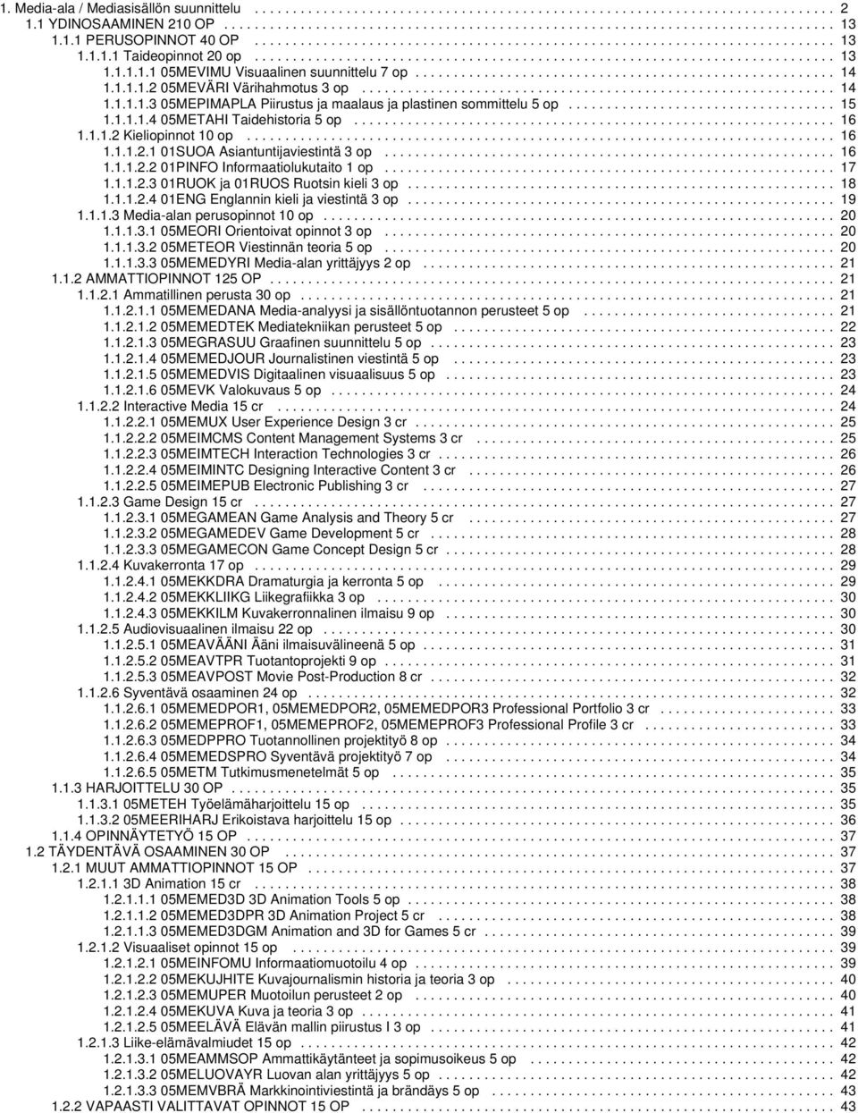 ...................................................... 14 1.1.1.1.2 05MEVÄRI Värihahmotus 3 op.............................................................. 14 1.1.1.1.3 05MEPIMAPLA Piirustus ja maalaus ja plastinen sommittelu 5 op.